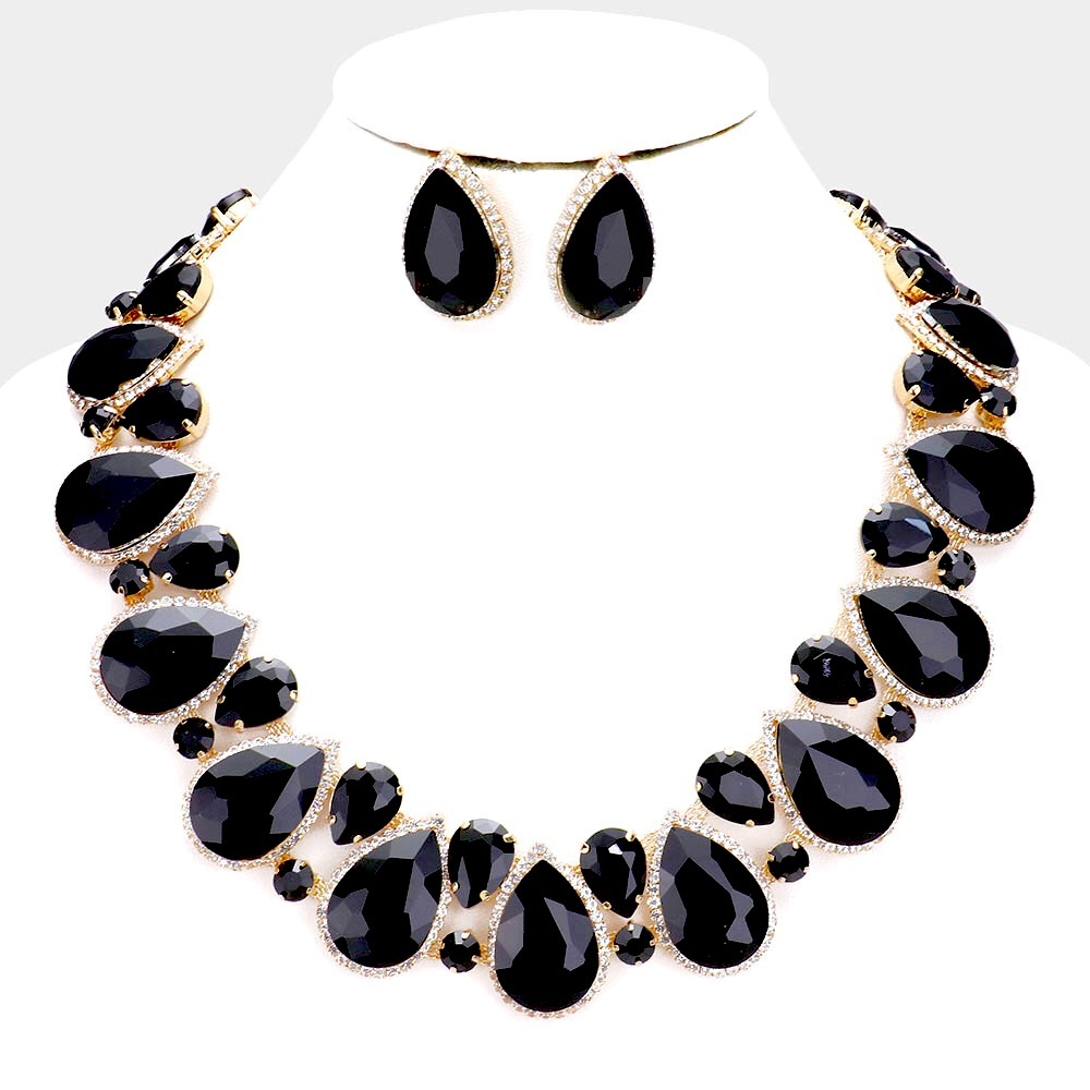 Black & Gold Crystal Rhinestone Teardrop Collar Evening Necklace Statement